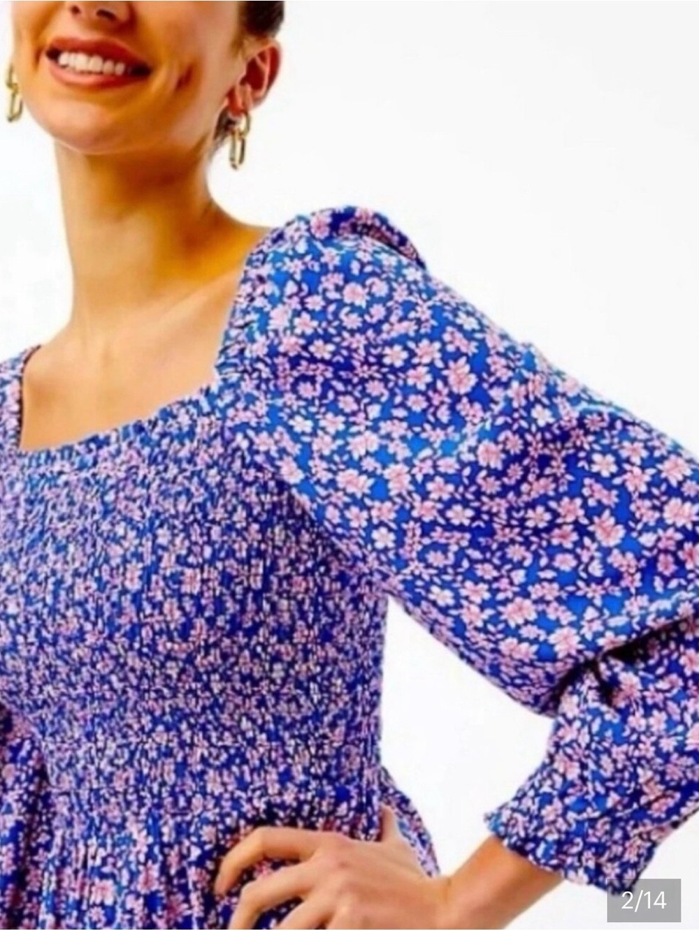 J. Crew Blue Dress with Pink Floral Print and Smocked Bodice